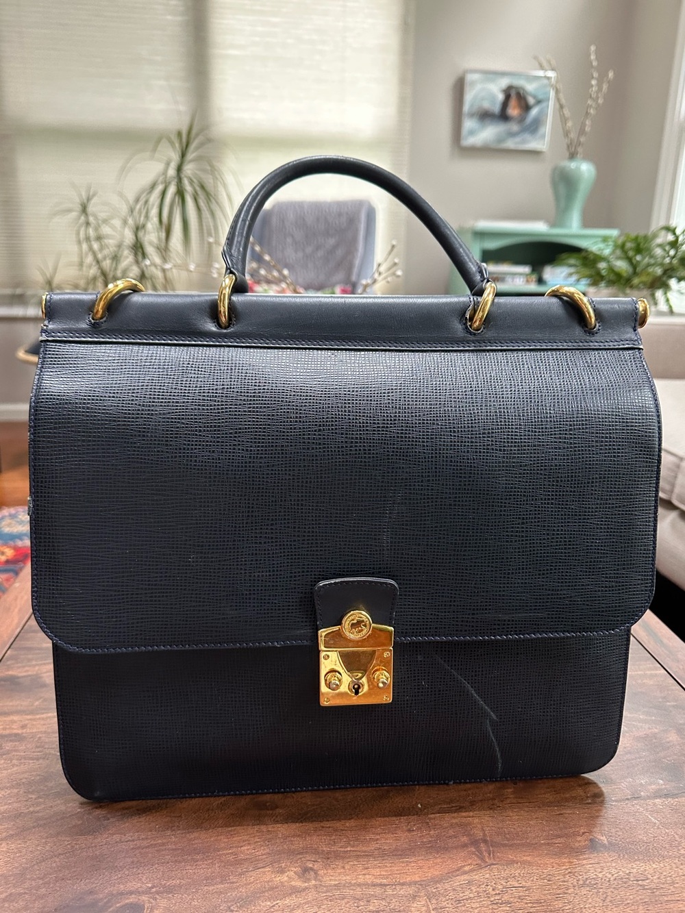 VTG Hunting World Leather Briefcase Dark Blue Gold Hardwear